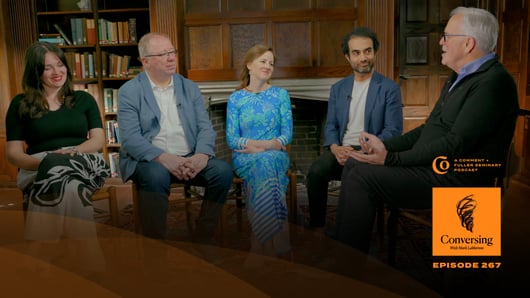 Five people sit in a semi-circle having a conversation in a wood-paneled room with bookshelves and a fireplace. The image promotes Conversing podcast, episode 267, by Fuller Seminary.